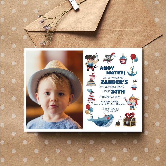 Pirate Theme Photo Boys 4th Birthday Party  Invitation (Pirate Theme Photo Boys 4th Birthday Party Invitation)