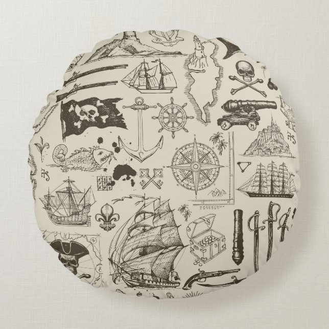 Pirate theme: vintage nautical pattern. round cushion (Front)