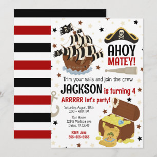 Pirate Themed Ahoy Jolly Roger Boy Birthday  Invitation