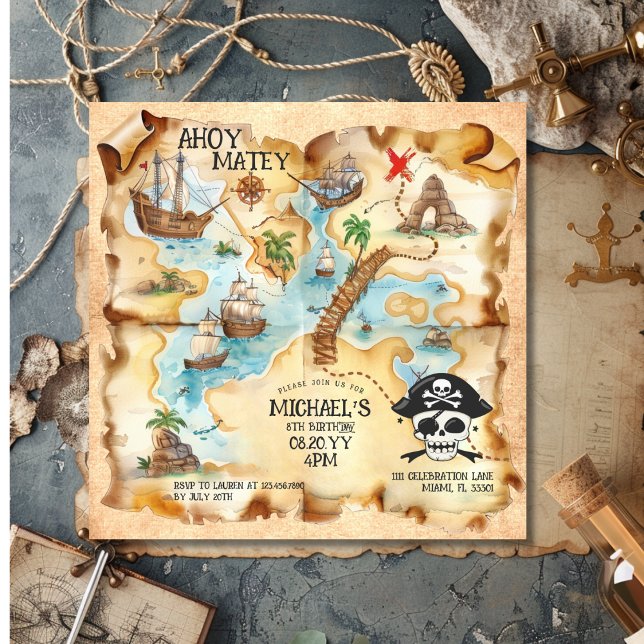 Pirate Themed Treasure Map Birthday Party Invitation (Pirate Themed Treasure Map Birthday Party Invitation)