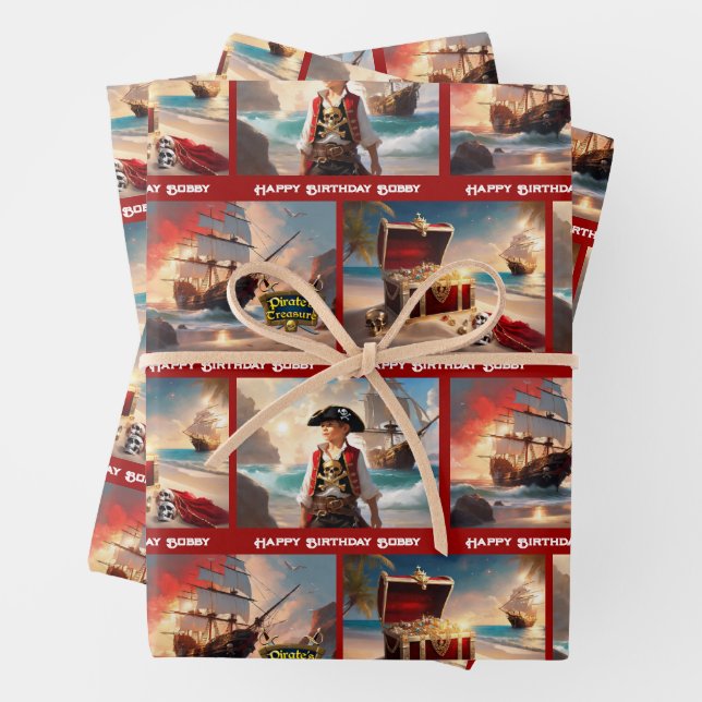 Pirate Treasure Boy's Birthday Personalise Name 3 Wrapping Paper Sheet (In situ)
