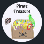 Pirate Treasure Classic Round Sticker<br><div class="desc">A loaded treasure chest full of pirate jewels and coins. A trusty parrott guards the treasure chest. Customise by changing the words if so desired.</div>