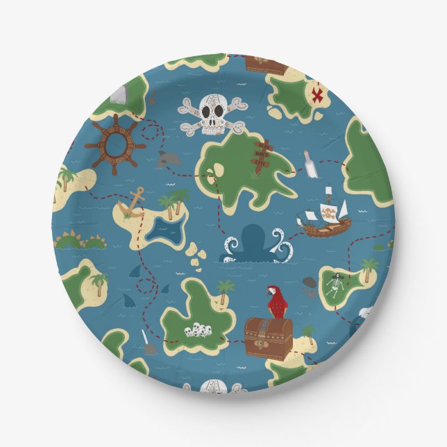 Pirate Treasure Map Birthday Blue Paper Plate (Front)