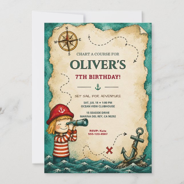 Pirate Treasure Map Birthday Invitation (Front)