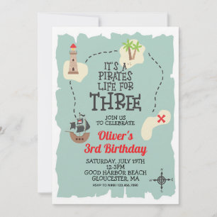 Pirate Treasure Map Third Birthday Invitation