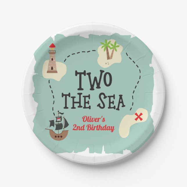 Pirate treasure map two the sea 2nd Birthday Paper Plate (Front)