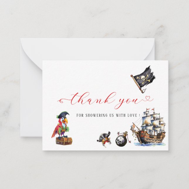 Pirate watercolor birthday party thank you card (Front)