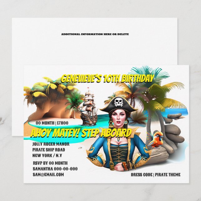 Pirate woman captain tropical island bird ship invitation (Front/Back)