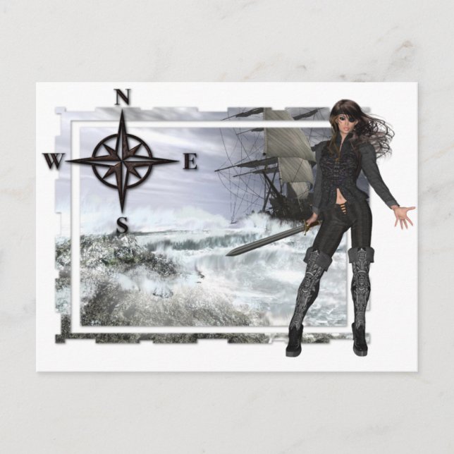 Pirate Woman with Rough Waters Designs Postcard (Front)