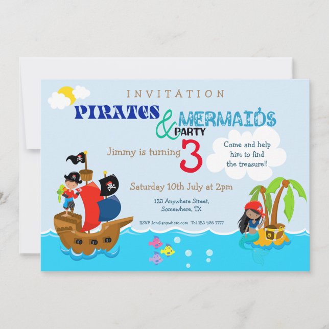 Pirates and Mermaid Colourful Kid's Birthday Party Invitation (Front)