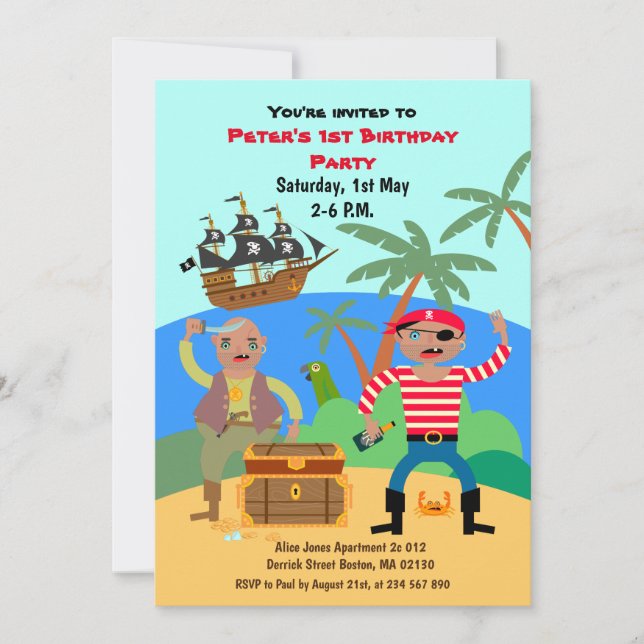 Pirates and treasure chest birthday party invitation (Front)