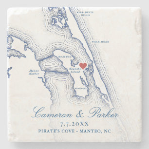 Pirate's Cove Wedding Manteo Map Navy Blue Favour Stone Coaster