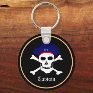 Pirates Flag & Ship Captain, Skull in Hat / Black Key Ring