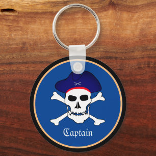 Pirates Flag & Ship Captain, Skull in Hat / Blue Key Ring
