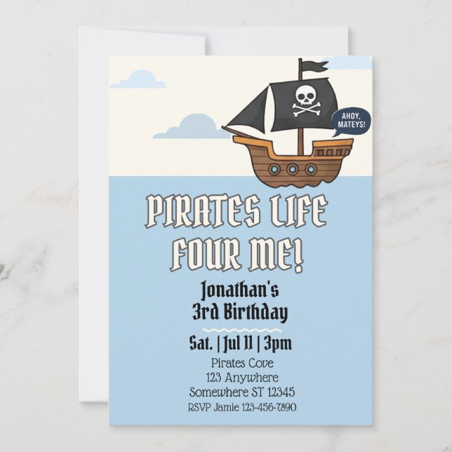 Pirates Life FOUR Me, Pirate 4th Birthday Invitation (Front)