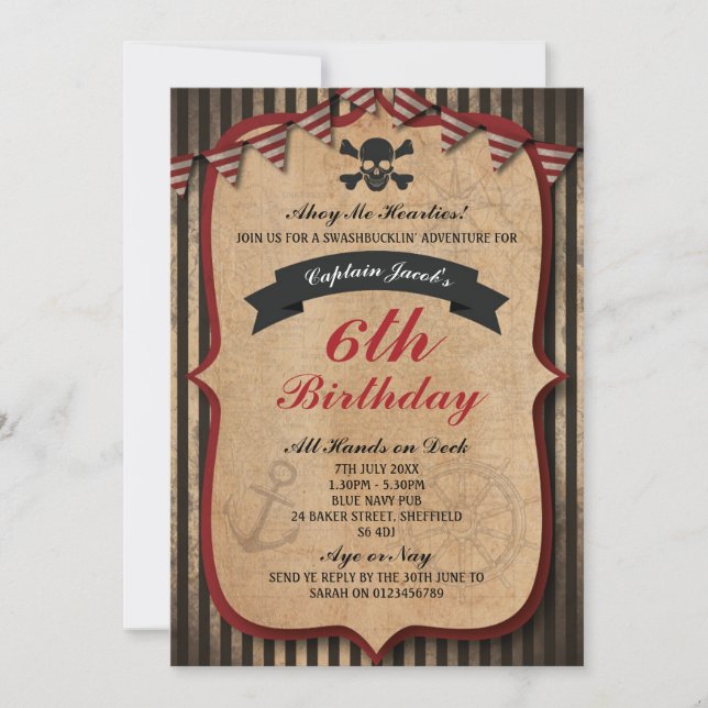 Pirates themed birthday party invitation (Front)