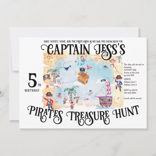 Pirates Treasure Hunt Map Kids Boy Birthday  Invitation (Front)