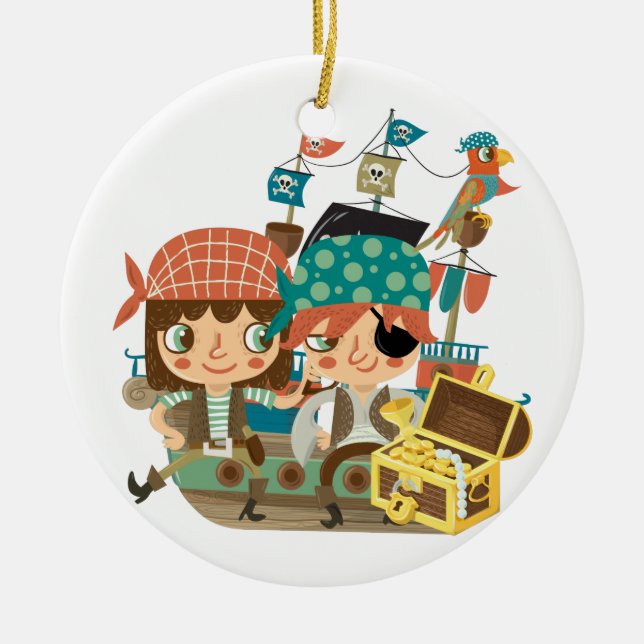 Pirates With Treasure Ceramic Tree Decoration (Front)