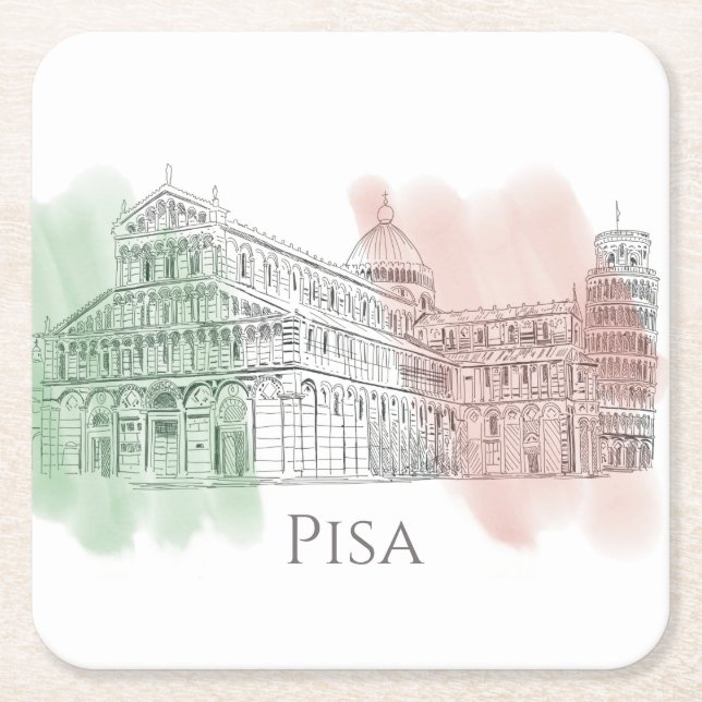 Pisa Italy Basilica and Tower Italy Flag Colours Square Paper Coaster (Front)