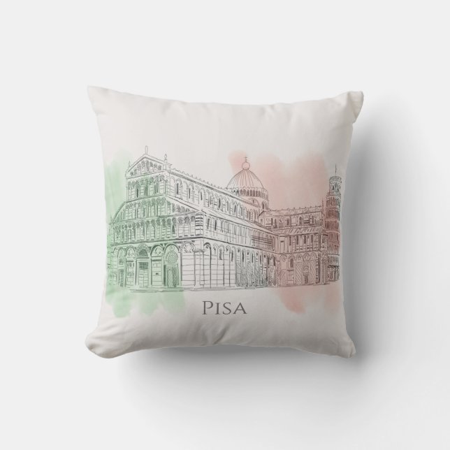 Pisa Italy Leaning Tower Pen and Ink Drawing Cushion (Front)