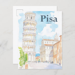 Pisa Italy Watercolor Painting Travel Postcard