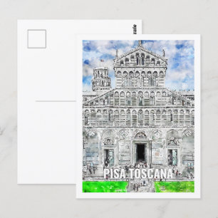 Pisa Toscana Italy Famous Travel Place Watercolor Postcard