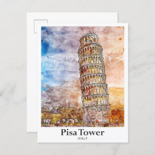 Pisa Tower Italy Travel Watercolor Hand Drawn Postcard