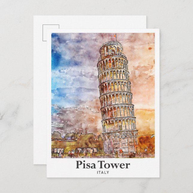 Pisa Tower Italy Travel Watercolor Hand Drawn Postcard (Front/Back)