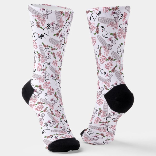 Pisa Tower with Heart Flowers Socks (Angled)