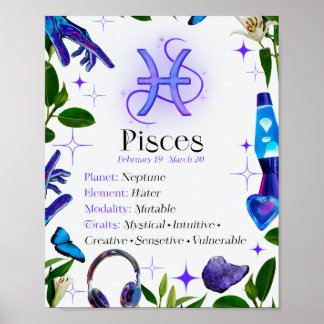 Pisce Zodiac Star Sign Y2K White 4:5 Poster