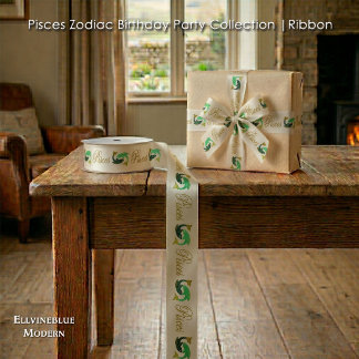 Pisces 1st Birthday Gold Glitter Elegant Zodiac Satin Ribbon