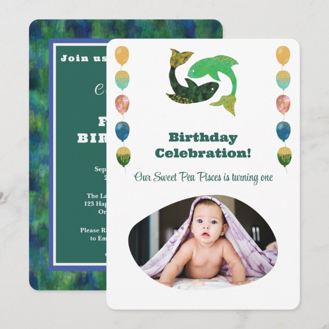 Pisces 1st Birthday Photo Impressionist Gold  Invi Invitation (Front/Back)