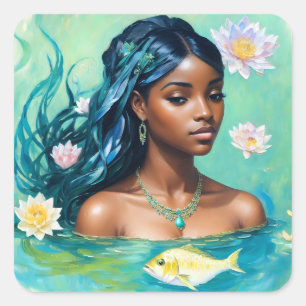 Pisces Black Girl Aquamarine Art Square Sticker