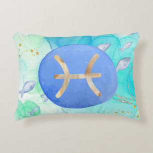 Pisces Blue Green Watercolour Astrology Zodiac Decorative Cushion