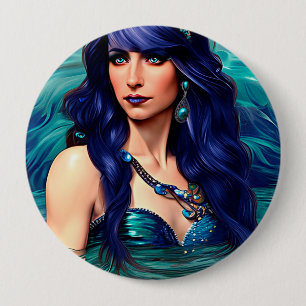 Pisces Blue Mermaid Queen Original Fantasy art 10 Cm Round Badge