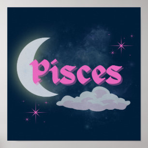 Pisces Celestial Moon Cloud Stars Astrology Art Poster