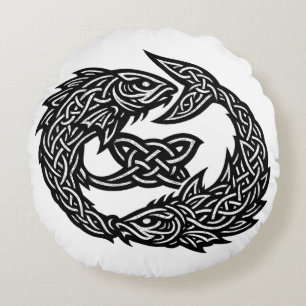 Pisces Celtic Twin‑Current Sigil BurnsInHell Ink Round Cushion