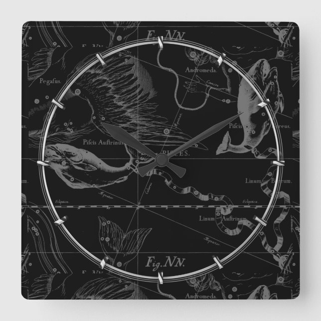 Pisces Constellation Map Hevelius 1690 Engraving Square Wall Clock (Front)