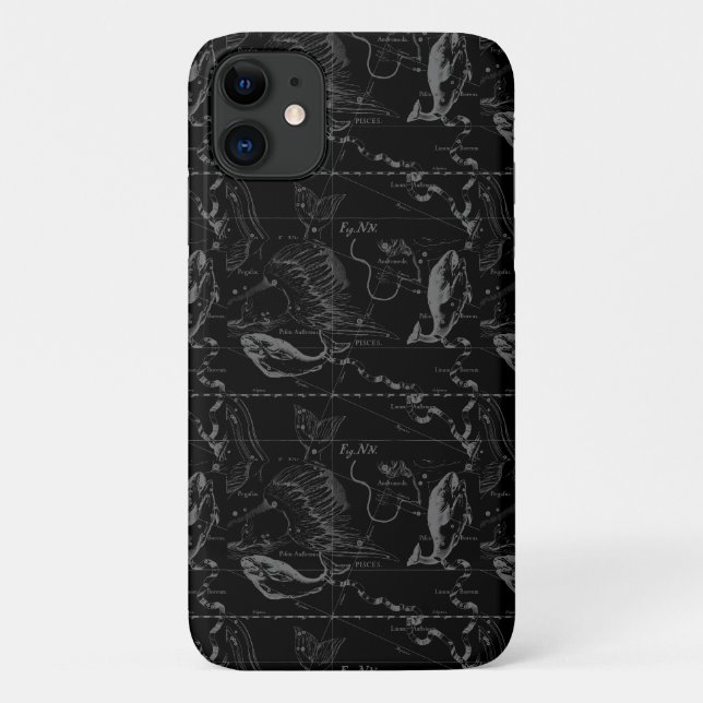 Pisces Constellation Map Hevelius 1690 on Black Case-Mate iPhone Case (Back)