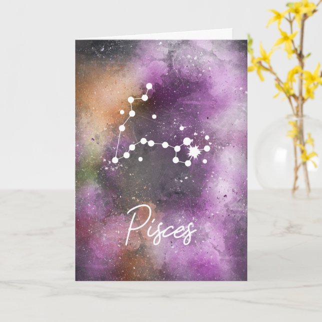Pisces Constellation Zodiac Purple Galaxy Card (Yellow Flower)