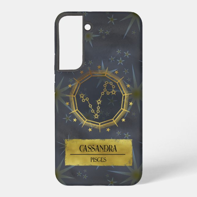 Pisces Dark Zodiac Astrology: Black & Gold Samsung Galaxy S22+ Case (Back)