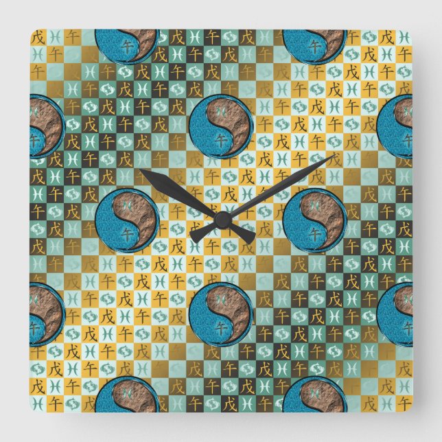 Pisces & Earth Horse Square Wall Clock (Front)