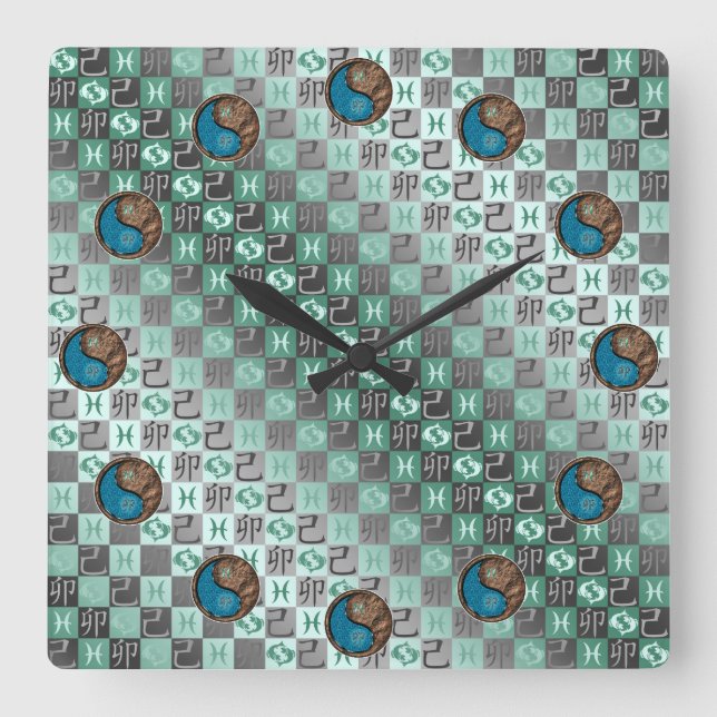 Pisces & Earth Rabbit Square Wall Clock (Front)