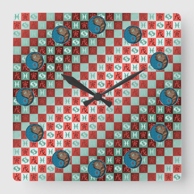 Pisces & Earth Tiger Square Wall Clock (Front)