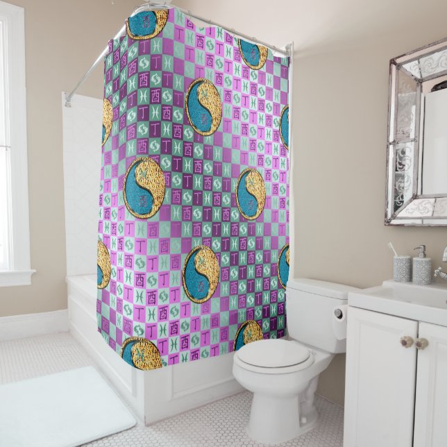 Pisces & Fire Rooster Shower Curtain (In Situ)