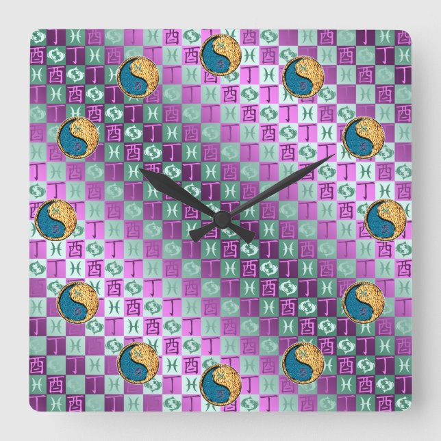 Pisces & Fire Rooster Square Wall Clock (Front)