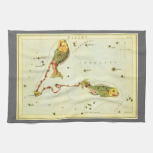 Pisces Fish, Vintage Constellation Urania's Mirror Tea Towel
