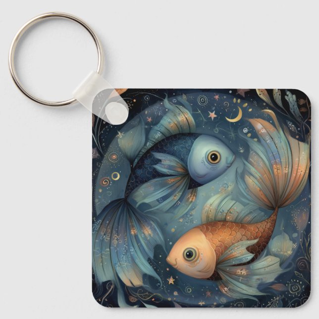 Pisces Fish Zodiac Astrology Celestial Birthday Key Ring (Front)