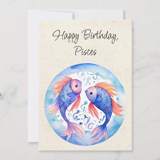 Pisces Fish Zodiac Watercolor Birthday Flat Card (Front)