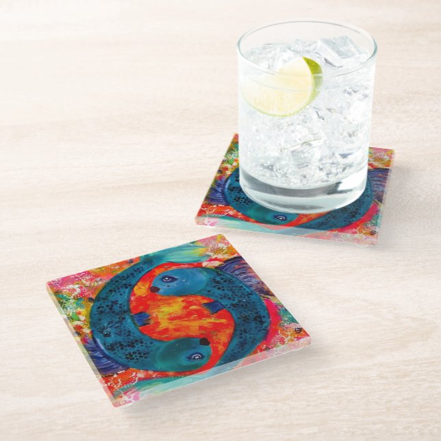 Pisces Glass Drink Coasters (Angled)